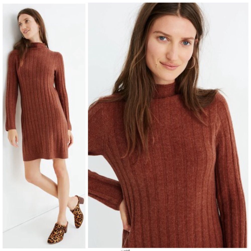 Madewell Heather Spice Brown Ribbed Mockneck Sweater Knit Dress in Coziest Yarn